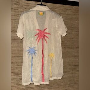 Maaji Cream Sheer knit crochet Palm Embroidered Cover-Up collared top one size